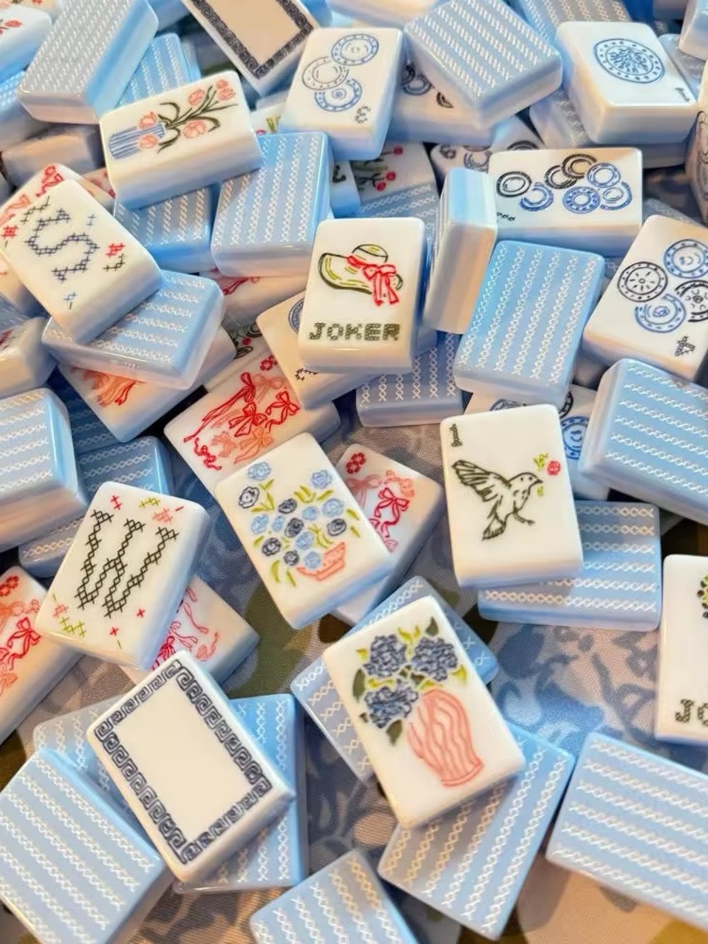 Floral Mahjong Tiles Set - Pastel Pink & Blue Accents - Picture 4 of 7